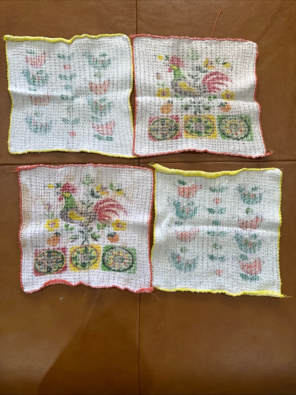 Vintage Swedish Style Printed Knit Dishcloths Lot of 4 Bird/Rooster 10x10